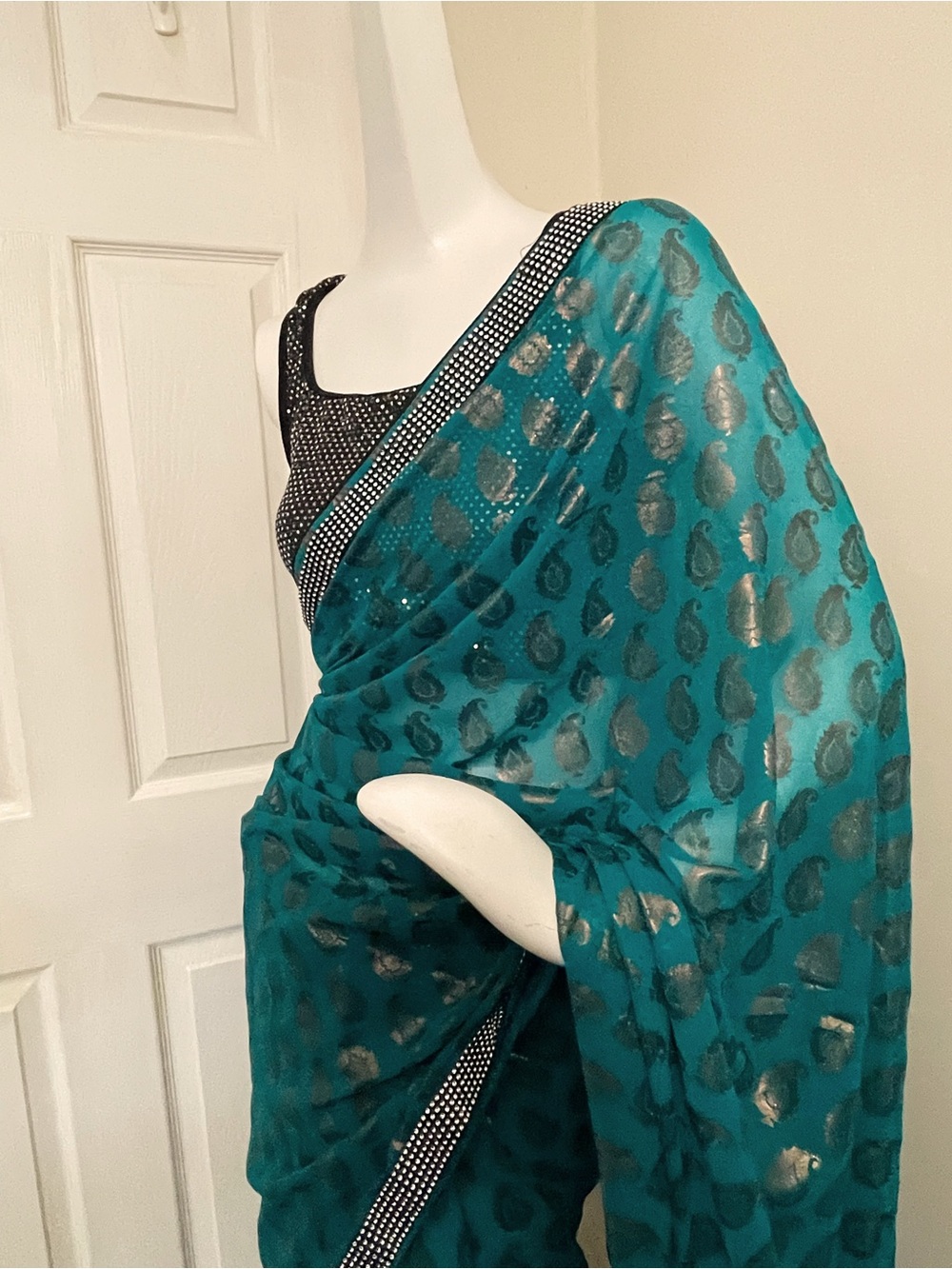 Teal Printed Saree with Silver Motifs